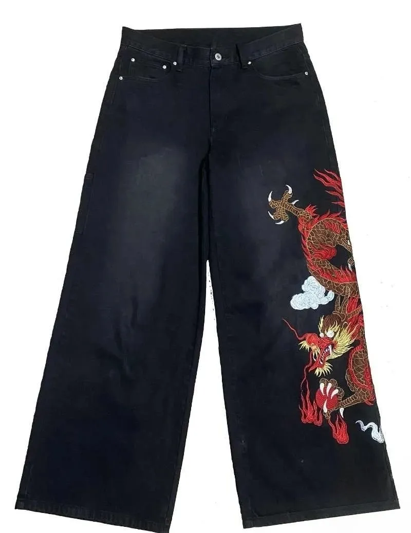 Y2K Baggy Jeans Dragon Graffiti Embroidery High Waist Men Women Vintage Streetwear 2000s Harajuku Casual Loose Wide Leg Jeans