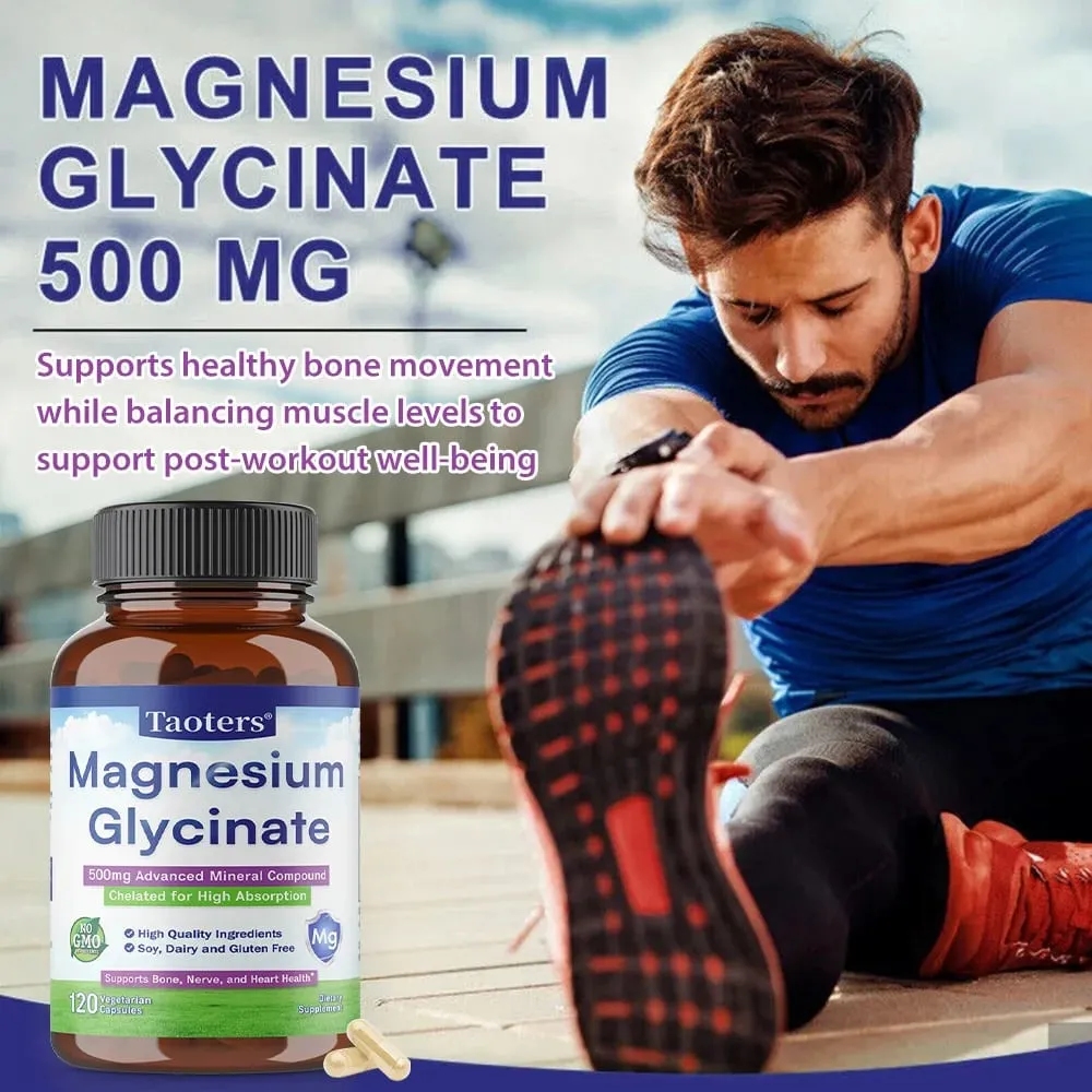 Magnesium Glycinate Capsules 500 Mg of Mineral Chelate To Enhance Absorption and Support Bone Nerve and Heart Health