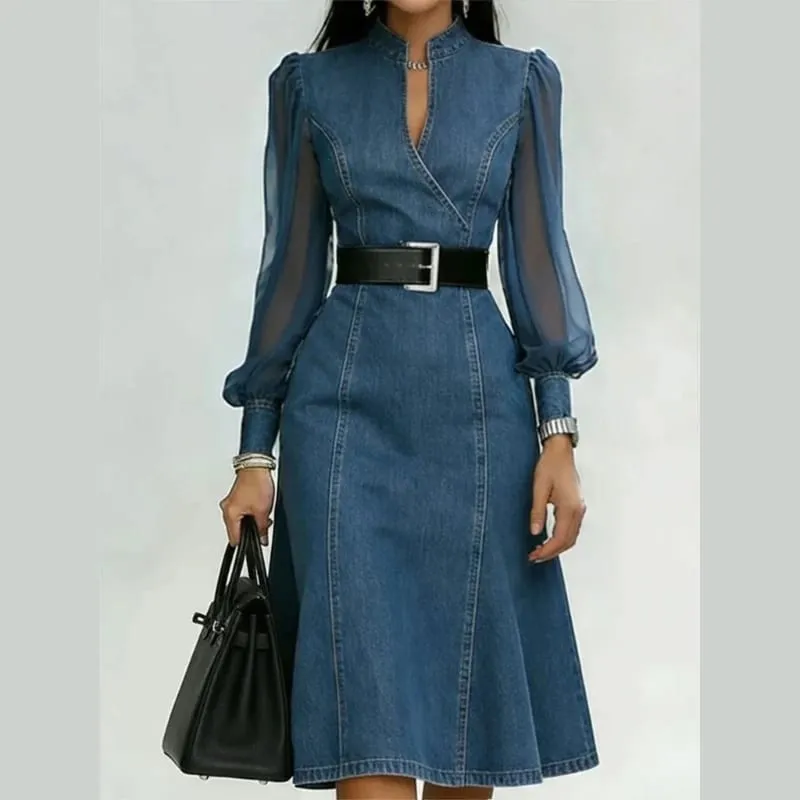 2026 Summer V Neck Waist Long Sleeve Dress for Women Lightweight Polyester Casual A Line Dresses Elegant Flattering Fit