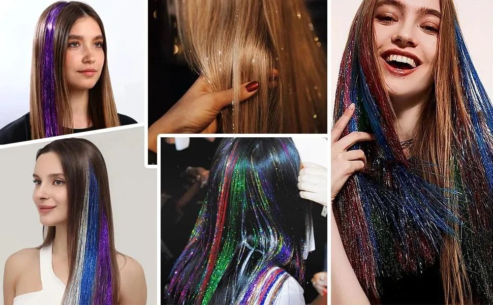 12Pcs Clip in Hair Tinsel Kit Red Hair Tinsel 22Inch Tinsel Hair Extensions Christmas Hair Tinsel Party Festival Accessories