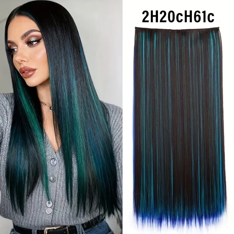 Synthetic 24Inch Long Straight 5 Clips Colorful Highlight Hair Extension Natural Soft Silky Hairpiece for Women Daily Use
