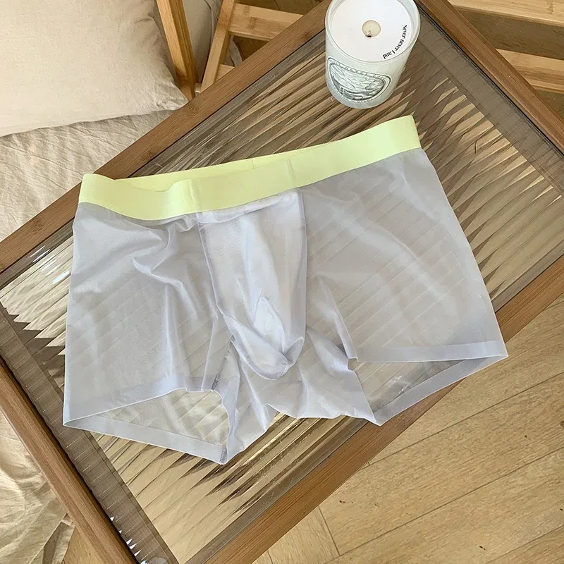 20D Ultra-manipis na Flat Boxers Shorts Mabilis na Napapatuyo na Panlalaking Kasuotang Panloob na Transparent na Ice Silk Panti na U Pouch ng Lalaki na Seamless na Gitnang Baywang