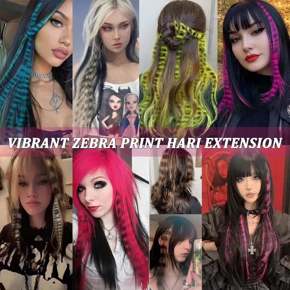 10pcs/set Stripe Printed Hair Colorful Long Straight Hair Pieces Synthetic Clip-in Hair Extensions for Daily Use Party Halloween