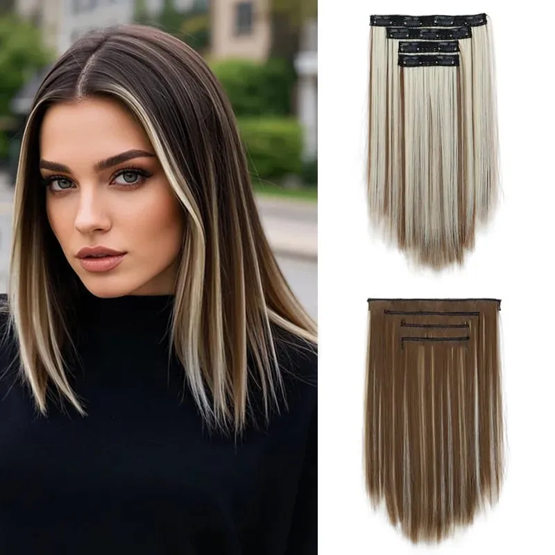 14Inch Synthetic Long Straight Hair Extension 4pcs/set Black Brown Blonde Adds Volume Hairpiece for Women