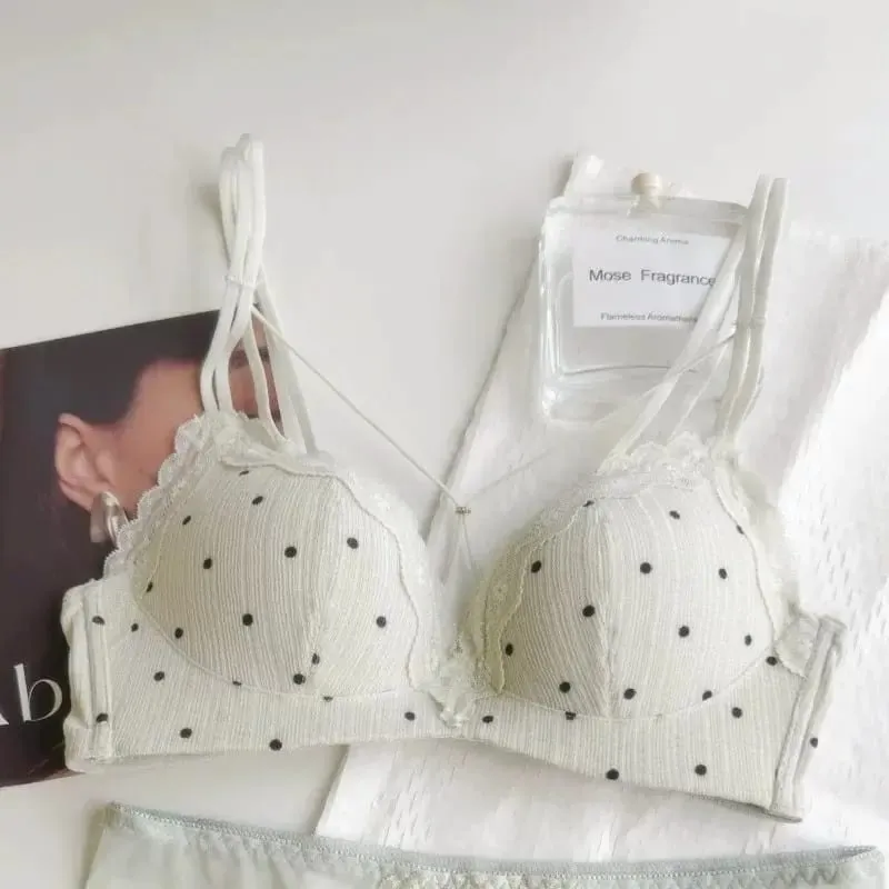 Elegant Japanese Polka Dot Bra & Brief Set Push Up Plunge Small Bust Lift Support Anti Sag Side Coverage Adjustable Comfort