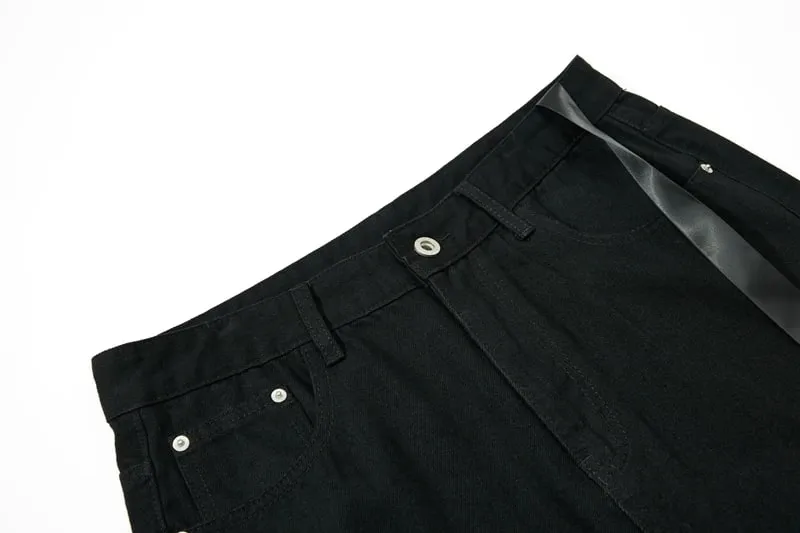 Vintage Washed Black Slim Fit Flare Jeans Long Ribbon Y2k Streetwear Casual Skinny Bell Bottom Jeans Distressed Fashionable