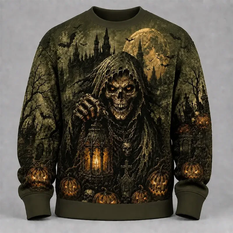 Fleece Sweatshirts Halloween Men's Skulls Sweatshirt Punk Party Gothic Crew Neck Vacation Blue Dark orange Brown Green