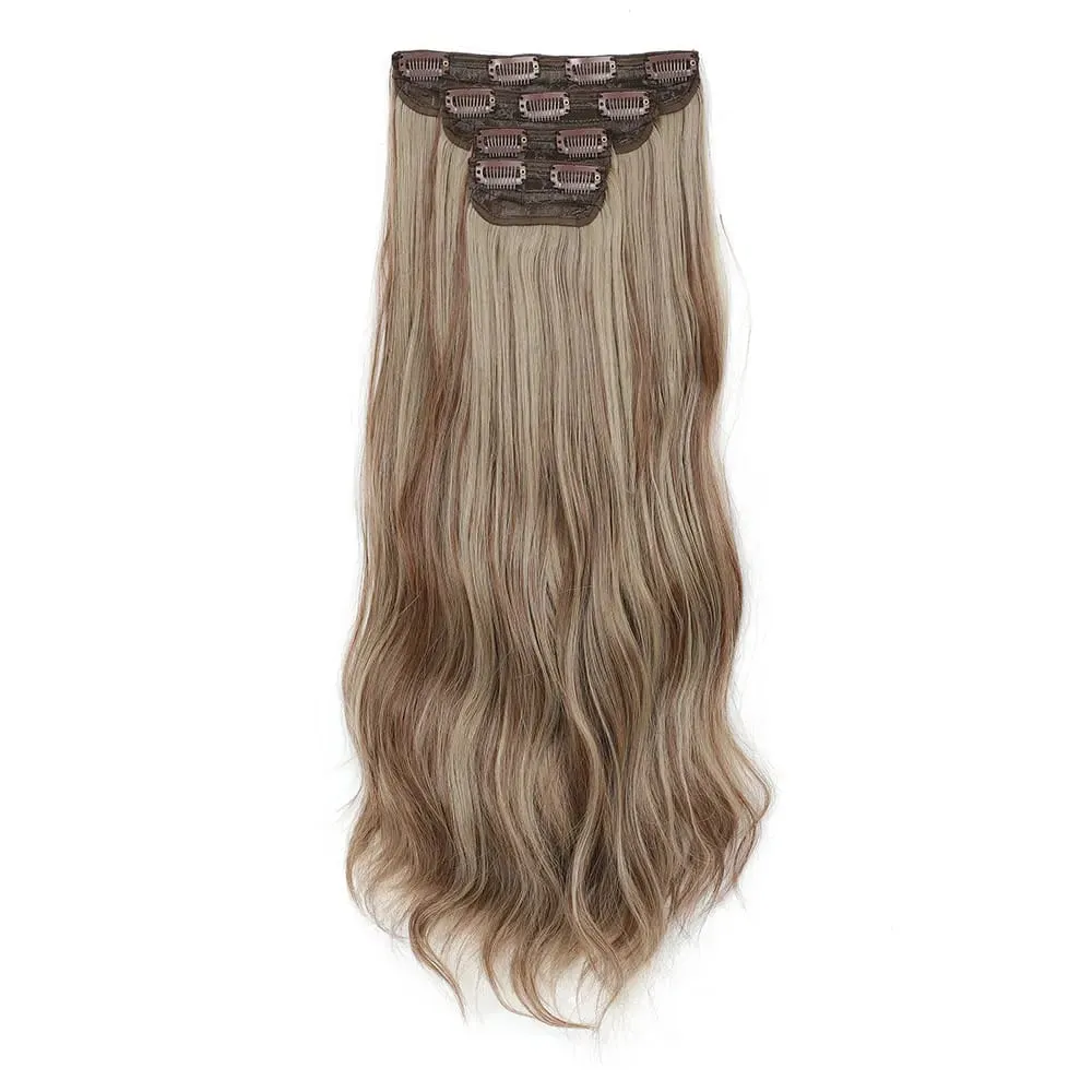 4Pcs/Set 11 Clips 22 Inches 220g Beach Waves Clip in Hair Extensions Sandy Blonde Champagne Heat Resistant Synthetic Hairpiece
