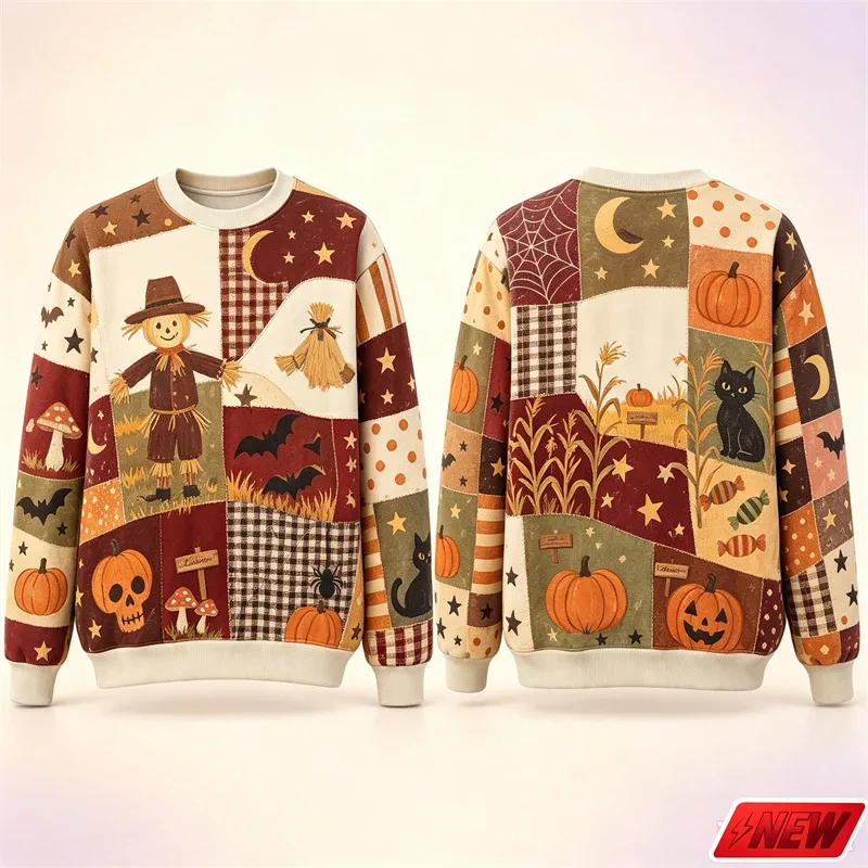 Halloween Splicing Patterns Sweatshirt Men 3D Print Pumpkin Cat Long Sleeve Pullover Hoodie Quick Dry Holiday Costume Top Unisex