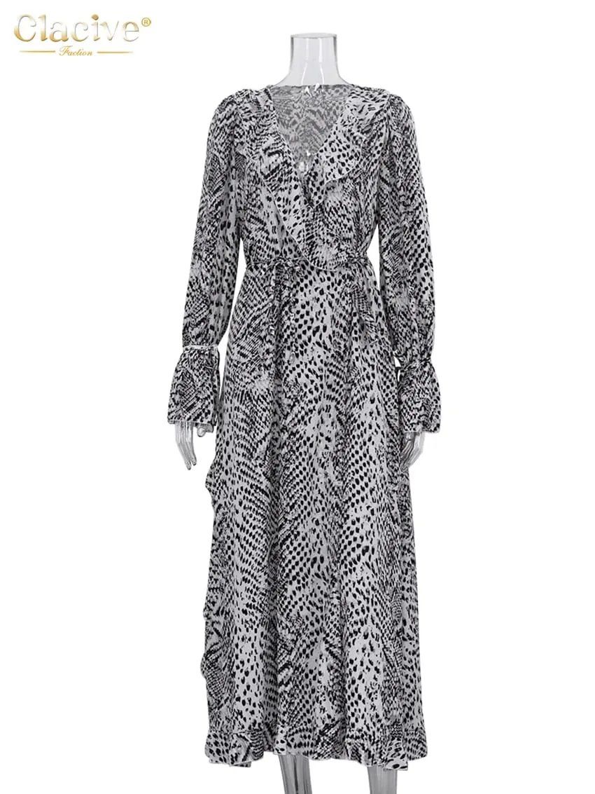 Clacive Fashion Loose Print Women's Dress 2025 Sexy V-Neck Long Sleeve Ankle Length Dresses Elegant Classic Ruffles Female Dress