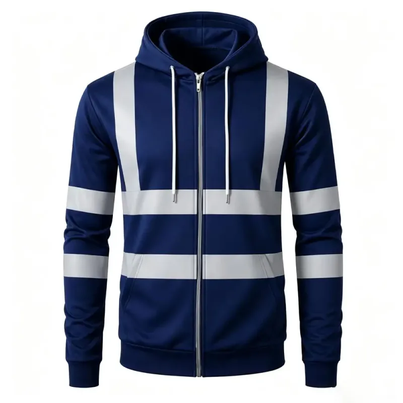 Autumn Fashion Men Drawstring Hooded Top 3D Printed Stripe Full Zip Sweatshirt Outdoor Casual Safety Work Outerwear Hoodie