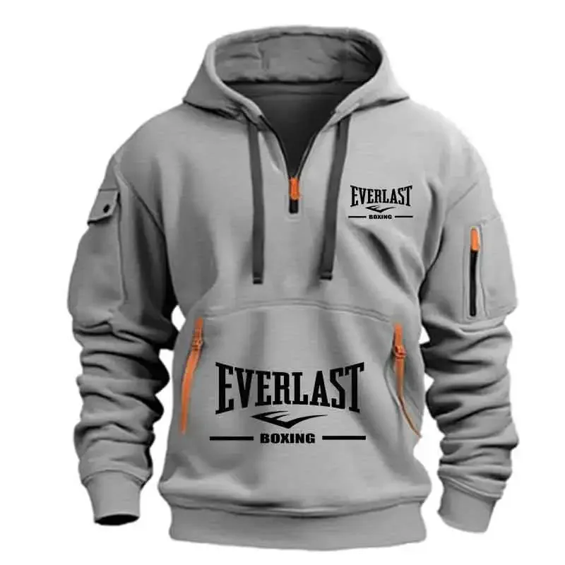Men's Fashion Casual Hoodie Multi-pocket Sports Long-sleeve Sweatshirt Up Down Print Warm Half Zip Hooded Fitness Pullover Good