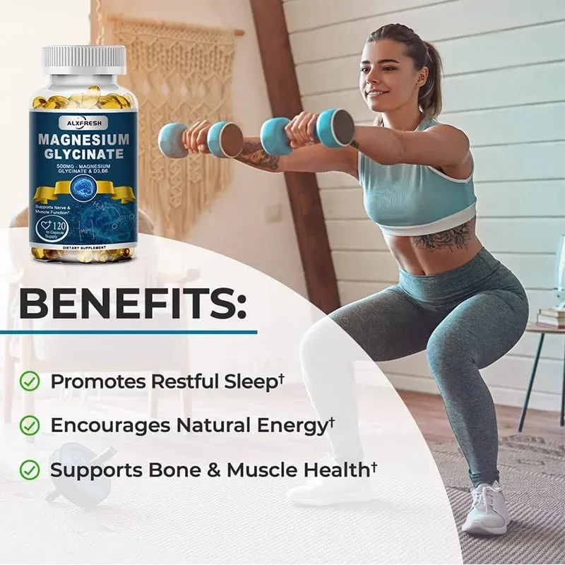 Alxfresh Magnesiumglycinat 500 mg Kapsel Zink Vitamin D3 B6 für Muskeln, Gelenke, Nerven, Schlafqualität, Angst, Stress, Stimmung, Gesundheit