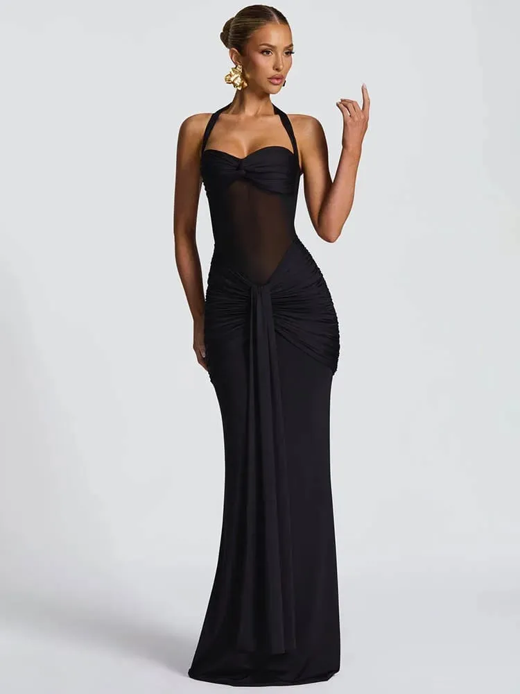 Mozision Halter, hát nélküli szexi maxi ruha női divatos patchwork, váll nélkül, ujjatlan, rovátkolt, drappos Bodycon klubruha