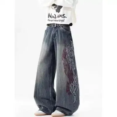 Men's Loose Straight Leg Jeans Pattern Embroidered Baggy Jeans Y2K Gothic Harajuku Hip Hop Straight High Waist Wide Leg Pants