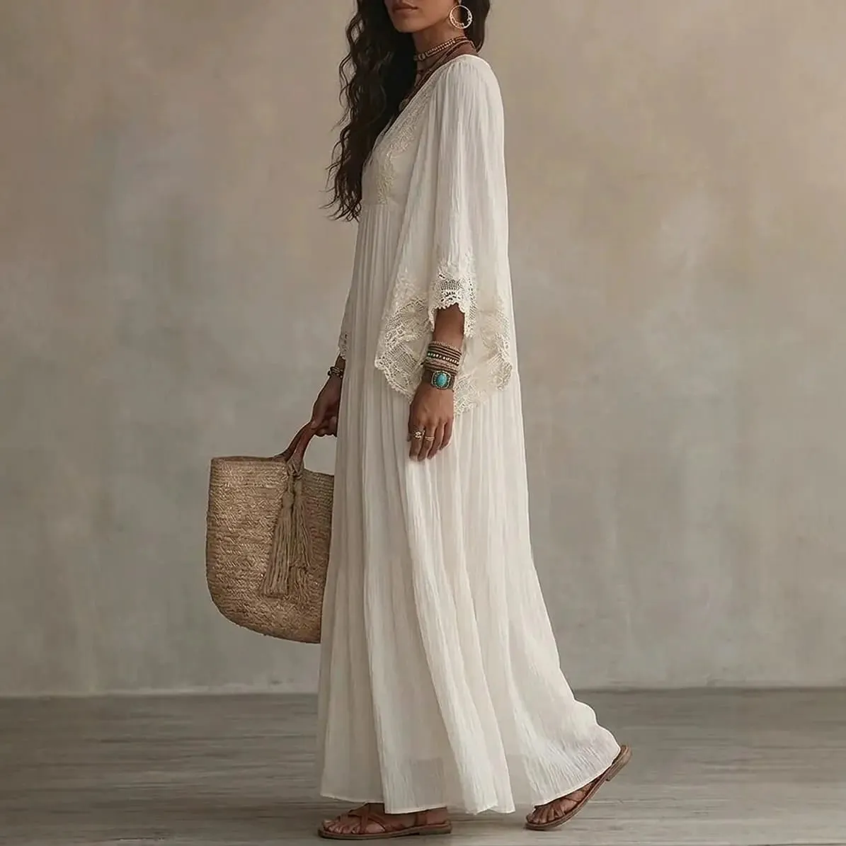 Summer Elegant Solid Dresses Womens Casual Lace Trim V Neck Flowy Maxi Dress Beach Holiday Party Maxi Dresses Robe Vestidos