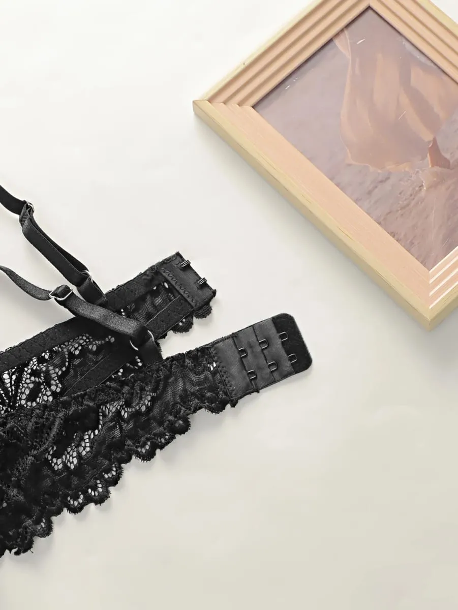 fashion Black bow lace thong set solid color daily 2-piece set sexy underwear set push up bra set B1111