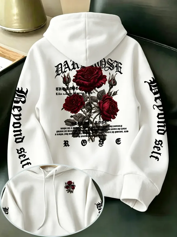 Men's Gothic Rose Hoodie Dark Red Rose Letter Graphic Back Sleeve Print Vintage Oversized Pullover Sweatshirt Streetwear Autumn