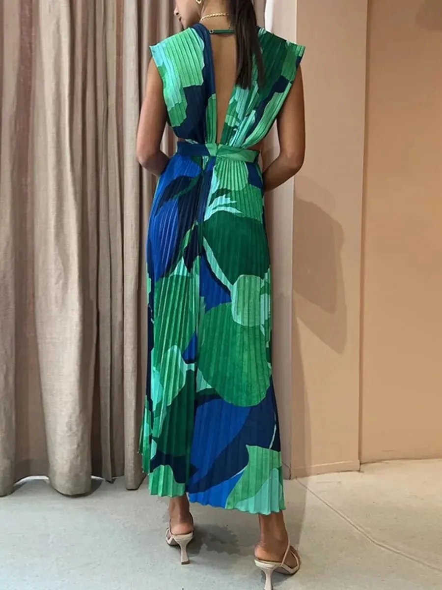 Freeacy Women's Printed Summer Dress Deep V-neck Sleeveless High Waist Pleated Midi Dress Female High Street Elegant Dresses