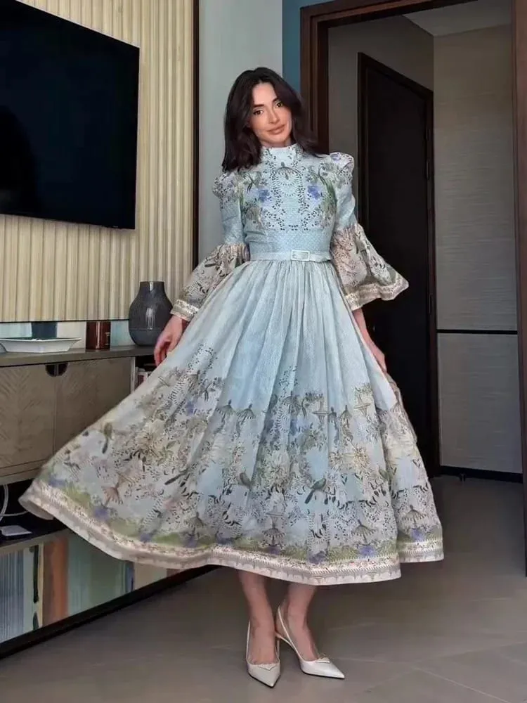 Floral Print Women Dress Button Down Mock Neck Maxi Dresses Long Lantern Sleeve A-Line Waist Belt Flared Hem Elegant Streetwear