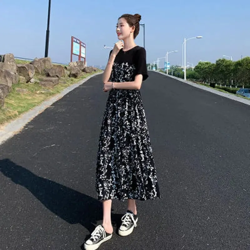 Women Dress 2026 Summer New Hepburn Style Midi Floral Dress High Waist Slim Fit Short Sleeve Long Dress