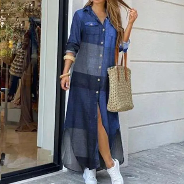 Robe longue en Denim pour femmes, manches longues, chemise, avec poches, boutons, imprimée, décontractée, ample, nouvelle collection automne 2023
