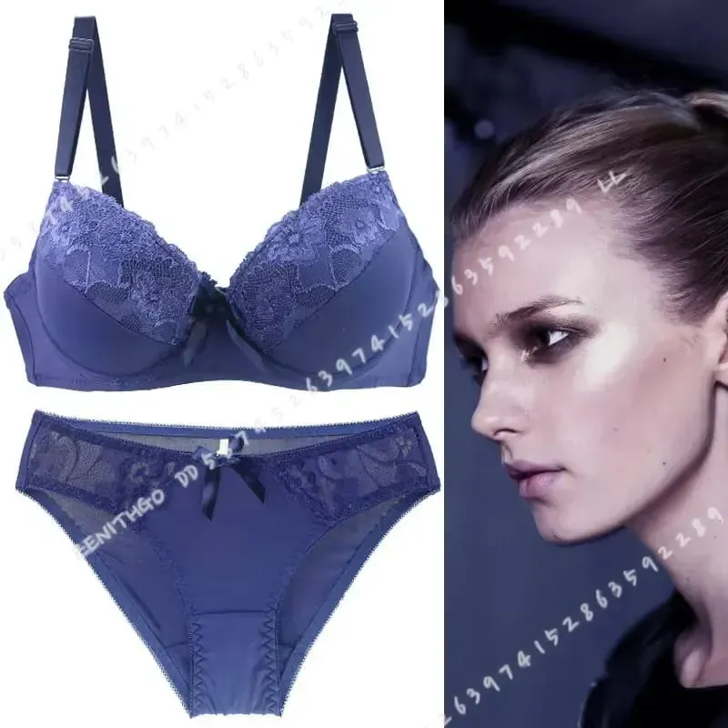 Women Push Up Bra Set Lace Thong Underwear Solid Bow Lingerie Plus Size 70-105 BCDE Cup Female Intimates