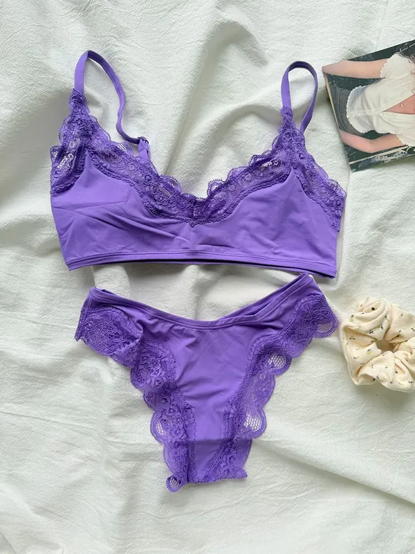Pink Lace Bra Set Woman Adjusted-strap Seamless Bras+Low Waist Panties Female Casual Simple Solid High Elasticity Lingerie Sets