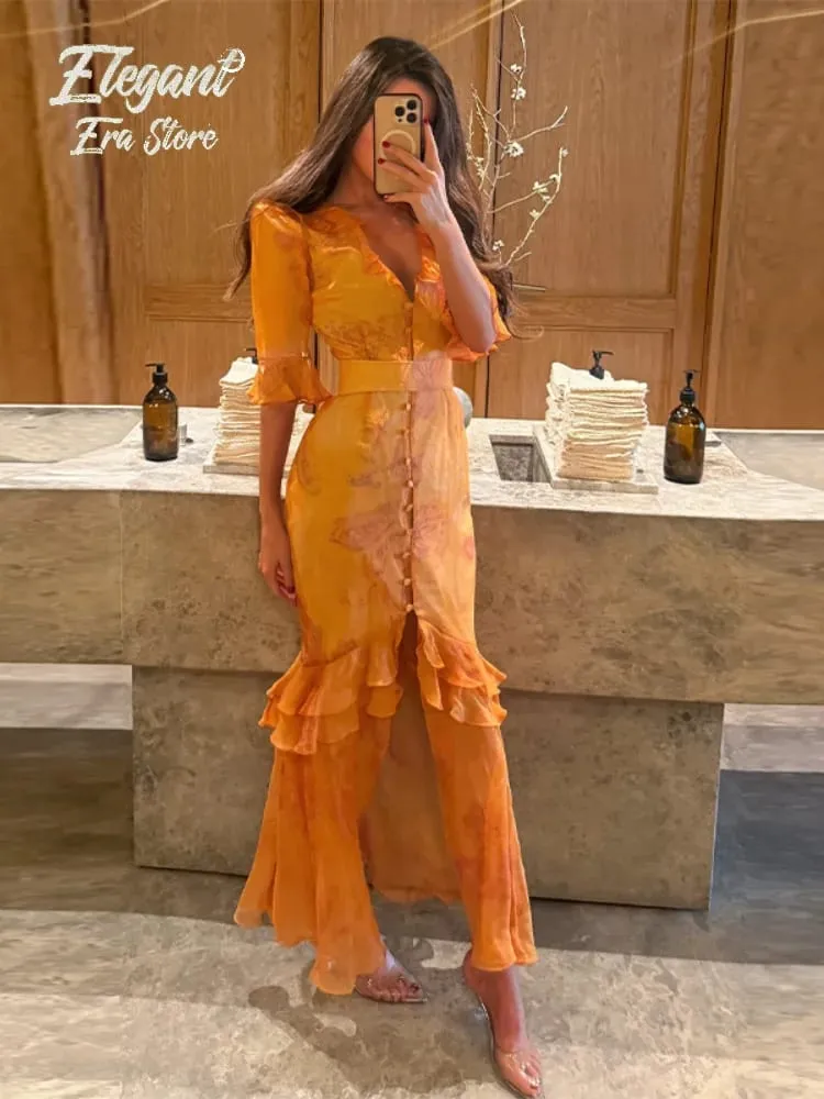 Chic Floral Puff Sleeve Women Maxi Dress Sexy V Neck Button Down Ruffle Slit Vestidos 2026 Summer New Lady Daily Party Sundress — image 6