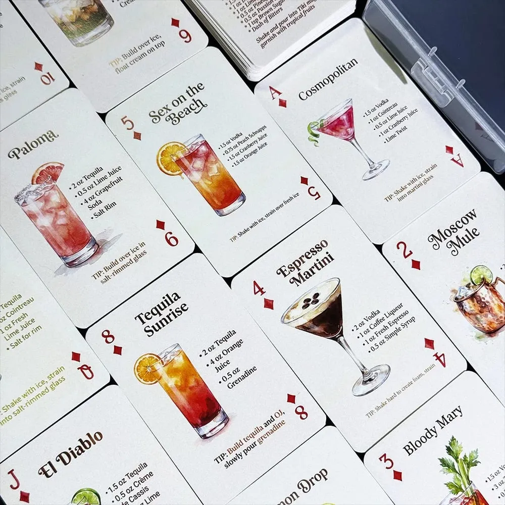 54-Card Deck of Original Cocktail Recipes Bartender's Guide Party Playing Cards Home Bar Decor Drinking Game with Storage Box