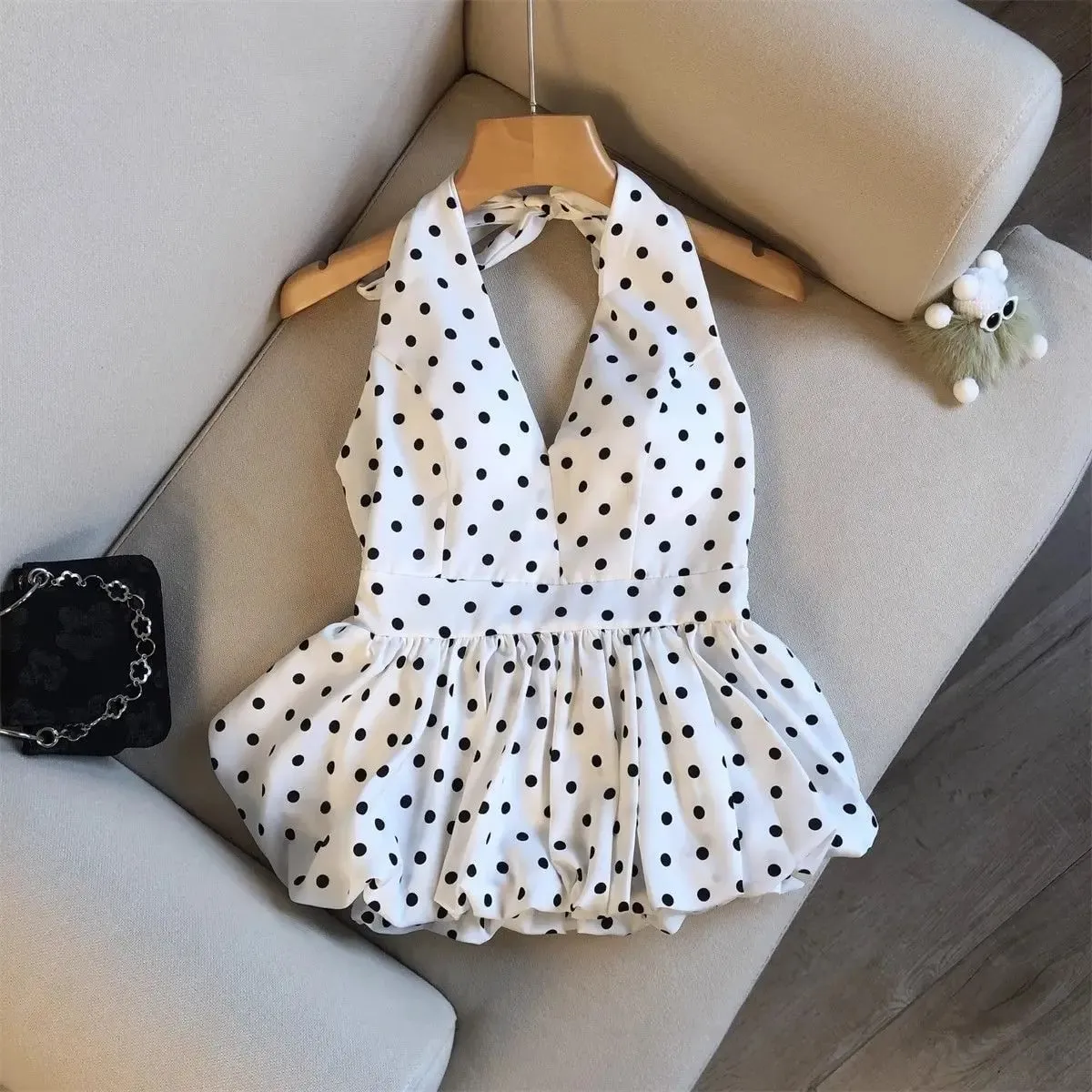 Backless Sexy Halter Beach Babydoll Crop Tops Women Polka Dots V neck Sleeveless T shirt Ruffles Basic Basic Tees Casual New