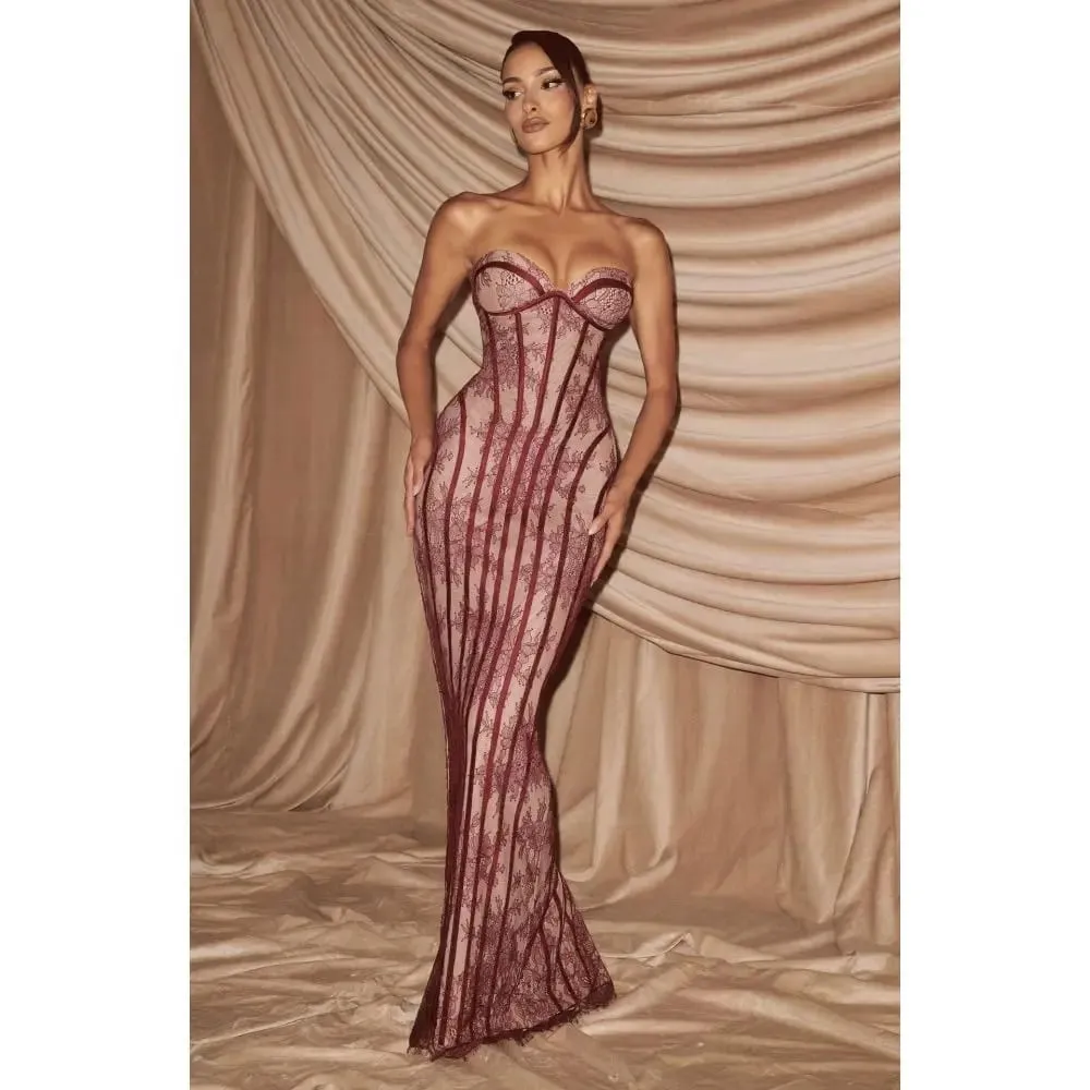 Elegant lace strapless waist cinching long dress with heart-shaped neckline for slimming and formal evening ladies' dress
