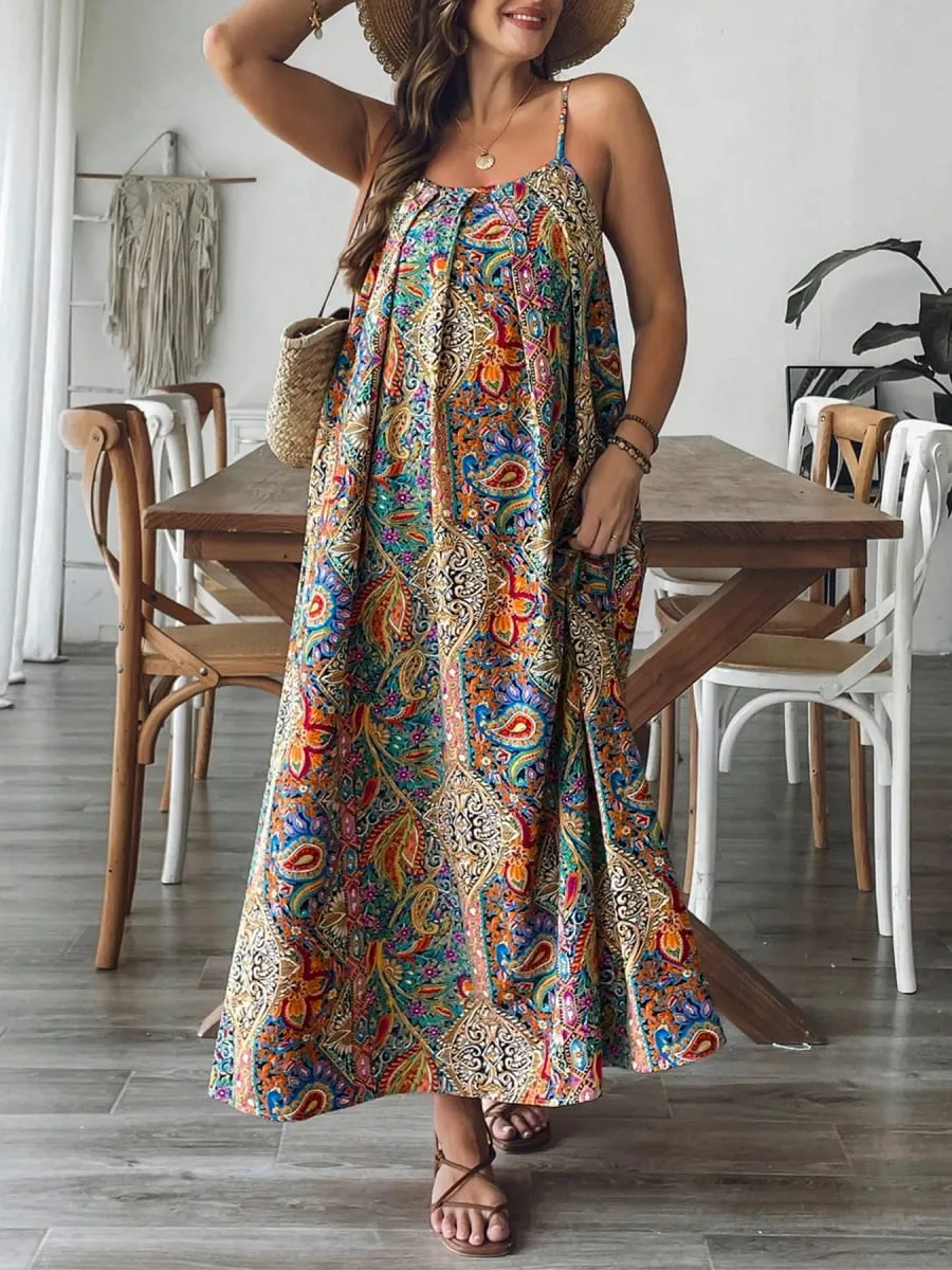 2026 Summer Women Bohemian Paisley Print Spaghetti Strap Maxi Dress Loose Flowy Pocket Long Dress Vintage Ethnic Beach Vacation