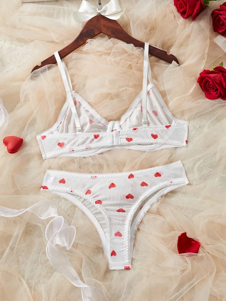 White Red Heart Polka Dots Mesh Sheer Lace Babydoll Sensual Lingerie Bra Set For Women Underwear Intimate Sexy Panty Set 2026