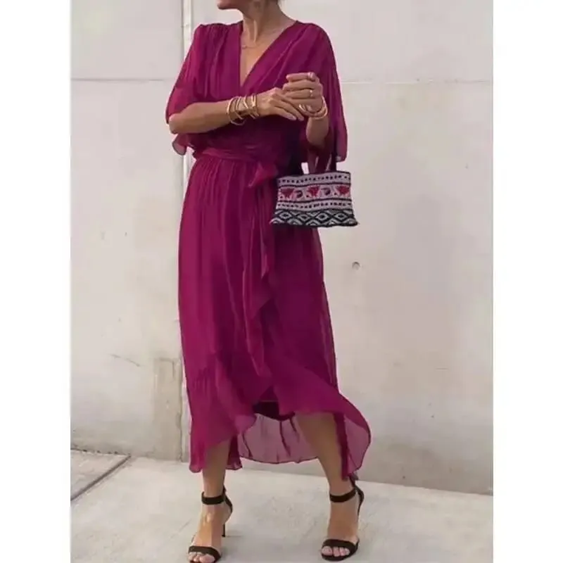 Stylish Elegant Chiffon Casual Solid Lace Up Dress Women V-Neck Bat Sleeves Irregulares Midi Dresses Summer Resort Wear