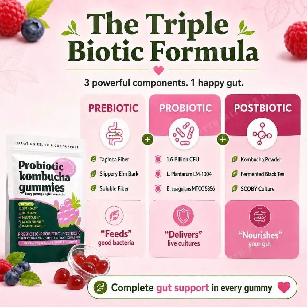 Probiotic Kombucha Gummies Berry 30 Ct Prebiotic Postbiotic Gut Health Digestion Bloating Relief Immune Vegan Non-GMO Supplement