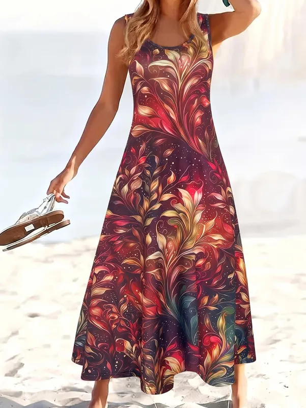 Dresses for Woman Vest Dress Beach Holiday Round Neck Sleeveless A-Line Long Skirt Starry Iridescent Floral Gradient Print 2026