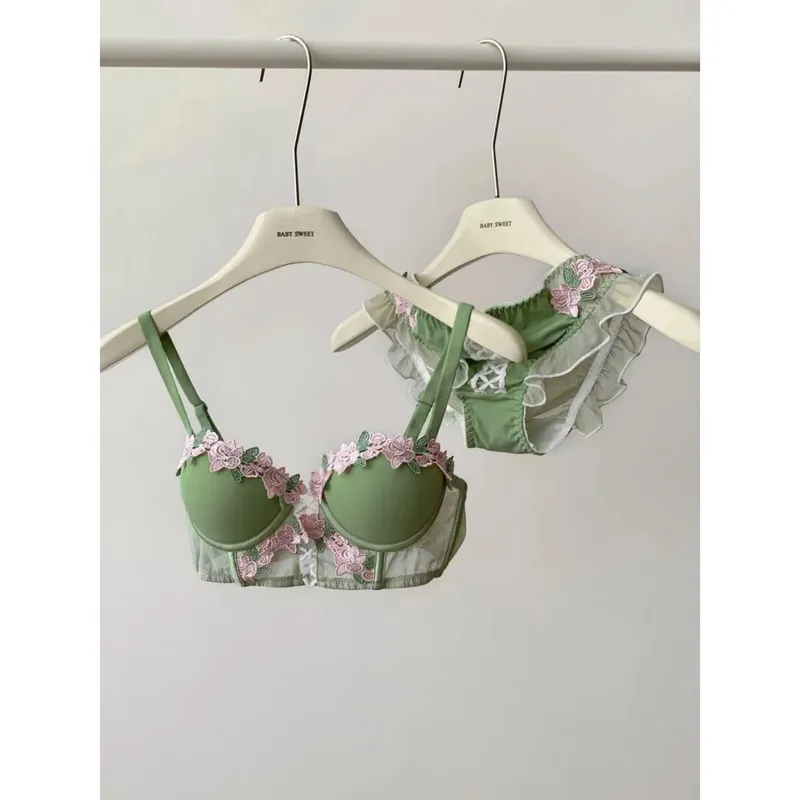 Japanese Sweet Lace Bra Lingerie Set Pure Desire Sexy Wireless Push Up Bust Enhancer Summer Brassiere 32‑38AB Bra Set