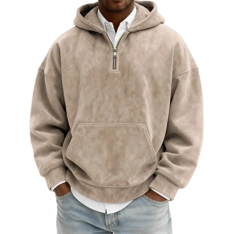 American New Fashion Men's Solid Color Half Zipper Long Sleeve Casual Trendy Daily Hooded Sweatshirts Male Hoodies Clothes Tops