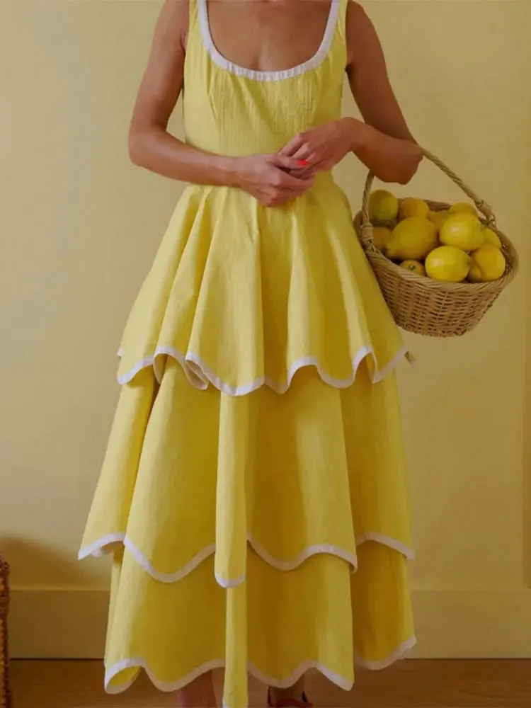 Fashion Contrast Ruffle Maxi Dress Women Sexy U Neck Sleeveless High Waist Loose Long Dresses 2026 Spring Summer Lady Boho Robe