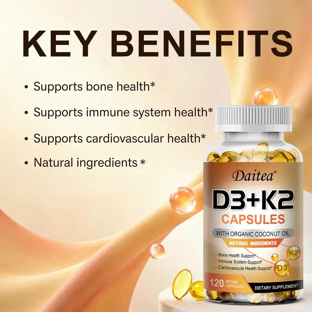 Vitamin D3 K2 Capsule - 5000 IU Vitamin D3 Promotes Strong Bones Calcium Absorption Teeth Heart Cardiovascular Health