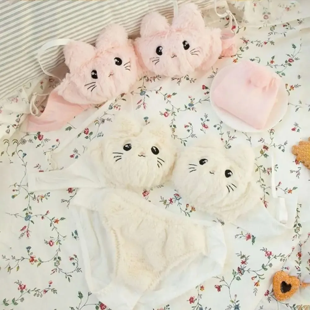 Cute Women Lingerie Set Wire-Free Cartoon Cat Winter Bra & Brief Sets Soft Girl Warm Underwear Panties Suit Winter