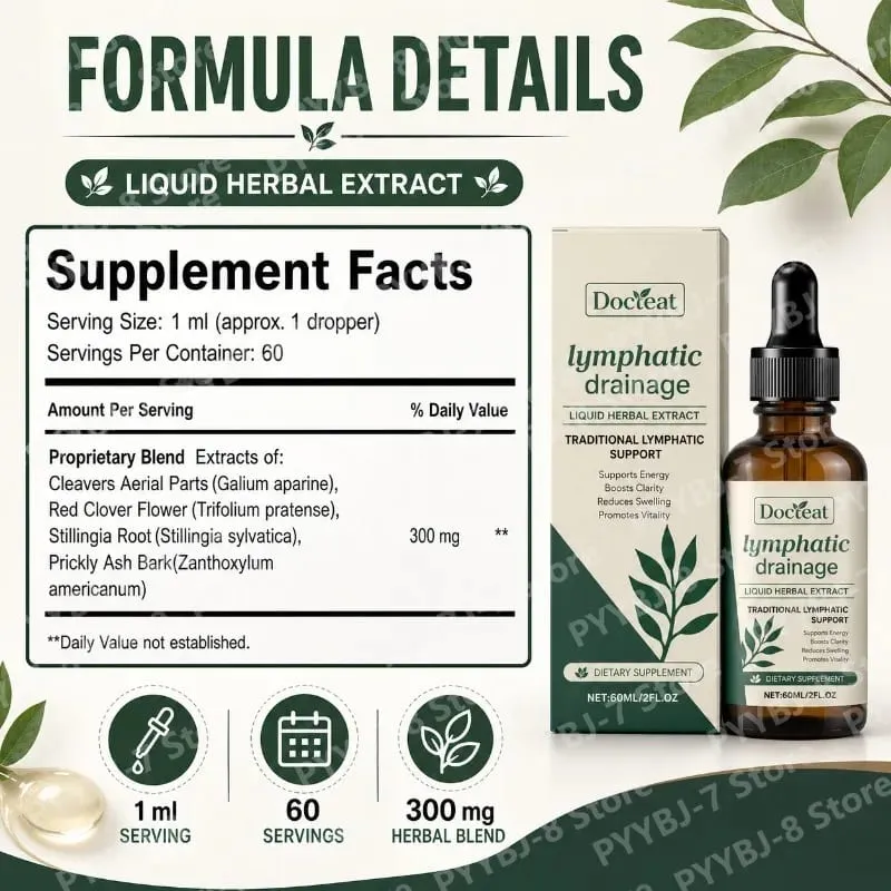 Lymphatic Drainage Drops 60ml Help Bloat Relief Immune System Health Extract with Cleavers Red Clover Stillingia Prickly Ash