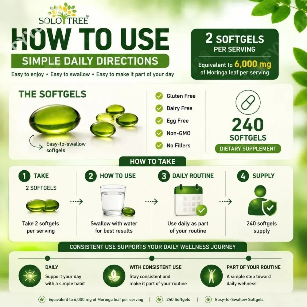 Moringa Leaf Softgels 6000 Mg Equivalent Per Serving for Daily Relaxation Natural Energy Vitality & Comfort Support 240 Softgels