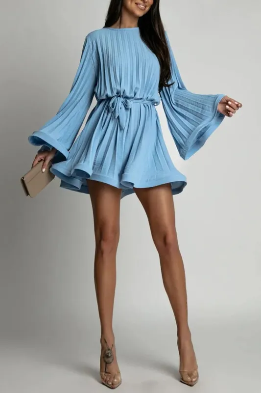 New Spring Summer Elegant Pleated Dress Women Fashion Solid Round Neck Flared Sleeve Lace-up Pleated Mini Dress Women