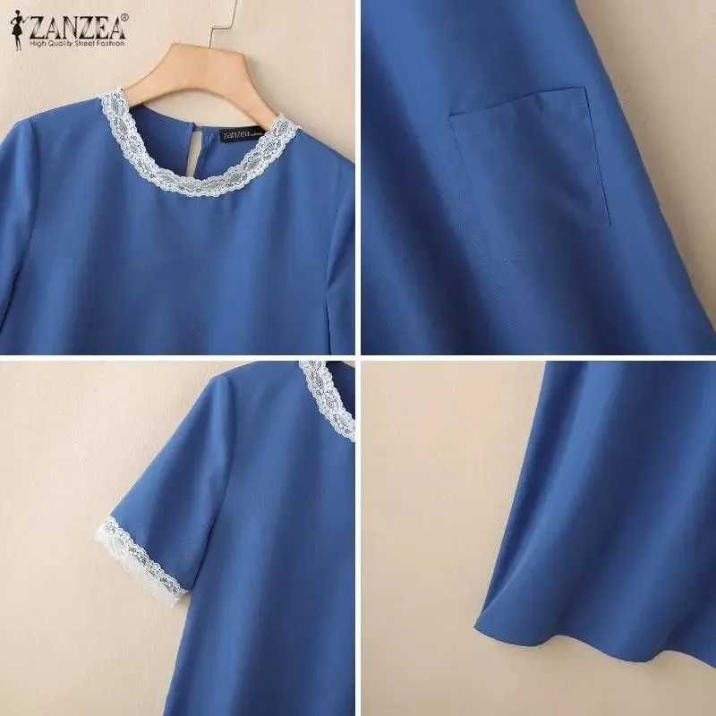 Women Summer Loose Knee-Length Dress Lace Patchwork O-Neck Short Sleeve Pockets Solid Color Dresses ZANZEA Everyday Wear Robes