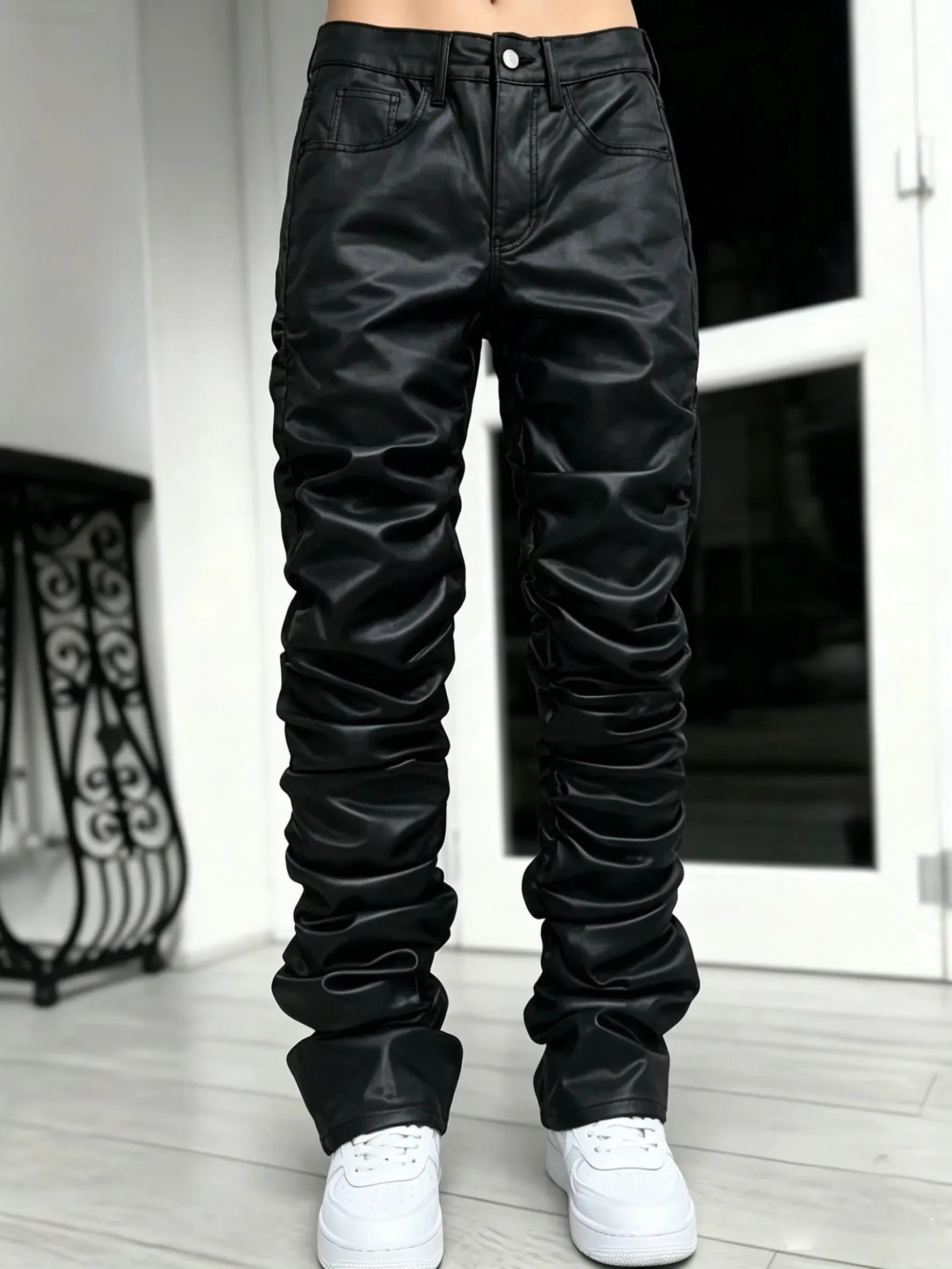 【HME】Men's Jeans | Black Wax Coated Denim Pants Faux‑Leather Look Stacked Ruched Denim Jeans For Men Full‑Length Wrinkle Pleat Design Tough Coated Denim Fabric Street‑Fashion Stacked Fit Male Trousers