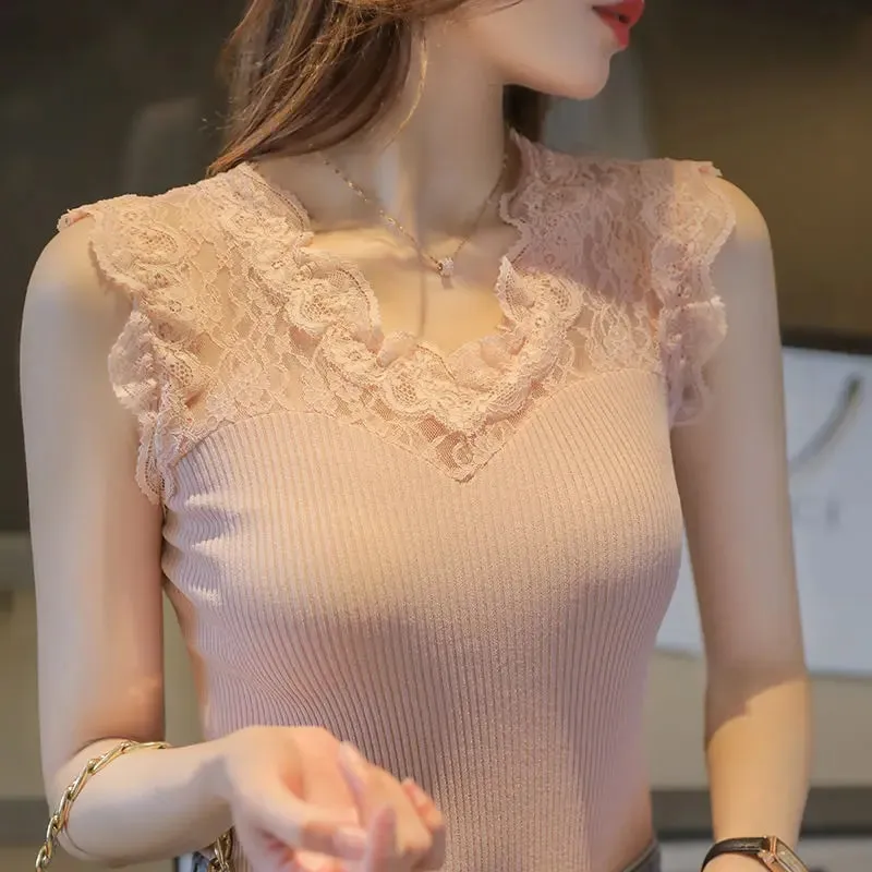 T-shirt sans manches pour femmes, col en v, couture en dentelle, gilet transparent en soie glacée, bretelles, couche de Base tricotée, été