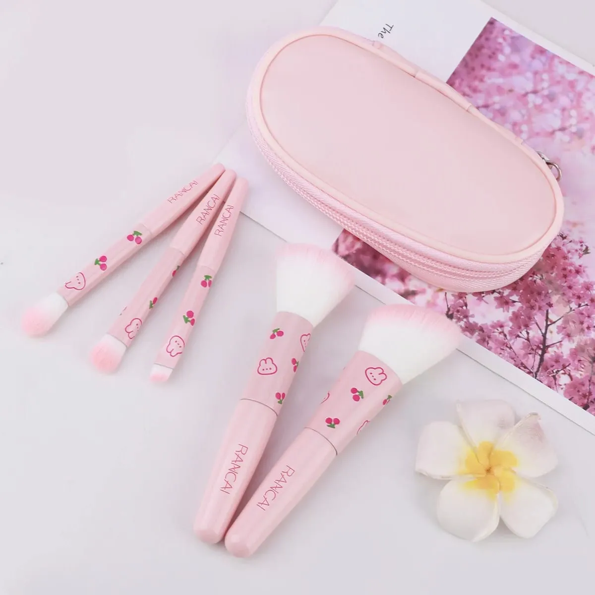 5Pcs 귀여운 컴팩트 메이크업 브러쉬 세트 케이스 프리미엄 브러쉬 완벽한 파운데이션 블러쉬 아이 섀도우 애플리케이션 미용 도구