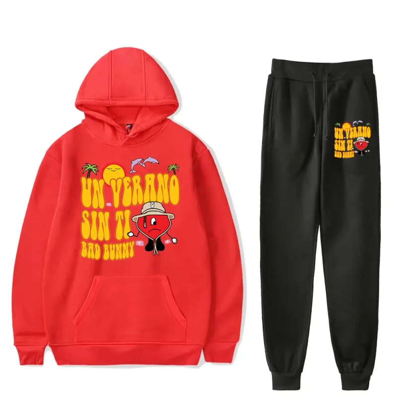 Comfortable Bad Bunny Un Verano Sin Ti logo Rapper Print Sweatshirt Sweatpants Suit Hoodies+Trousers Suit 2 Piece Set Clothes